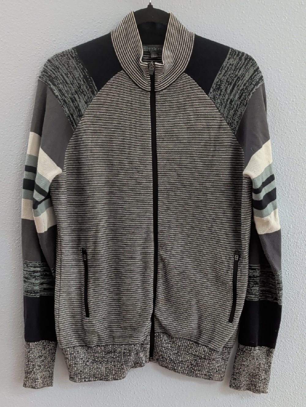 Title Nine Cotton Gray Striped Zip-Up Knit Sweater